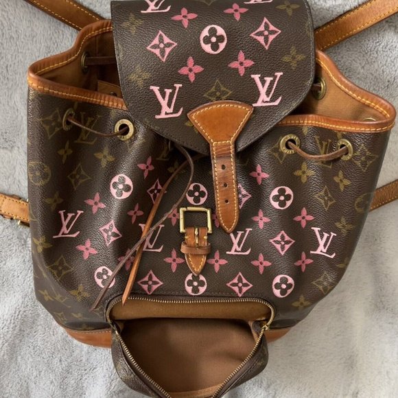 Auth Louis Vuitton LV Backpack Bag Montsouris MM Brown Monogram Pink Custom Logo - Picture 2 of 10